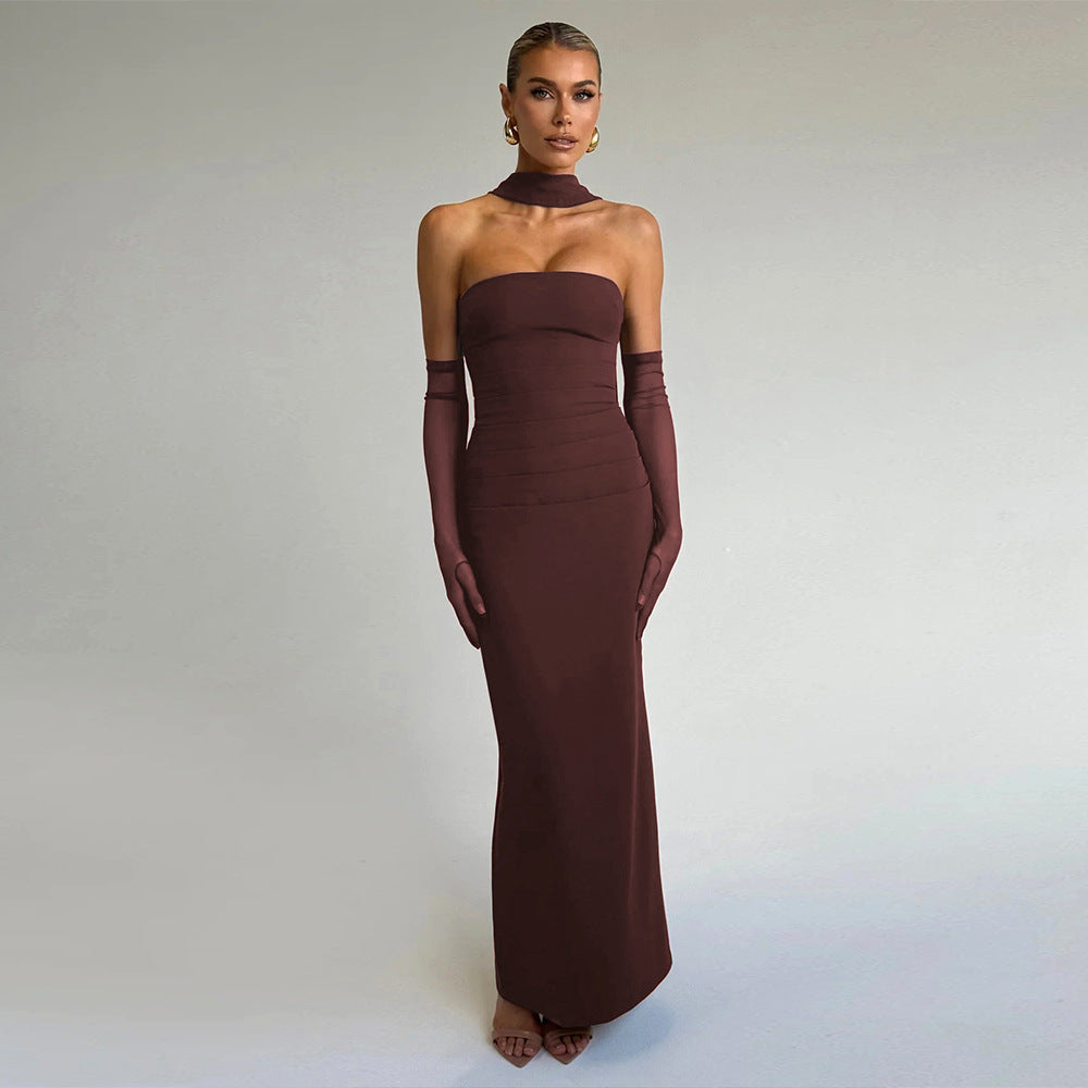 Spring Tube Top Cinched Waist Women Dress Elegant Ribbon Backless Sexy Sheath Dress