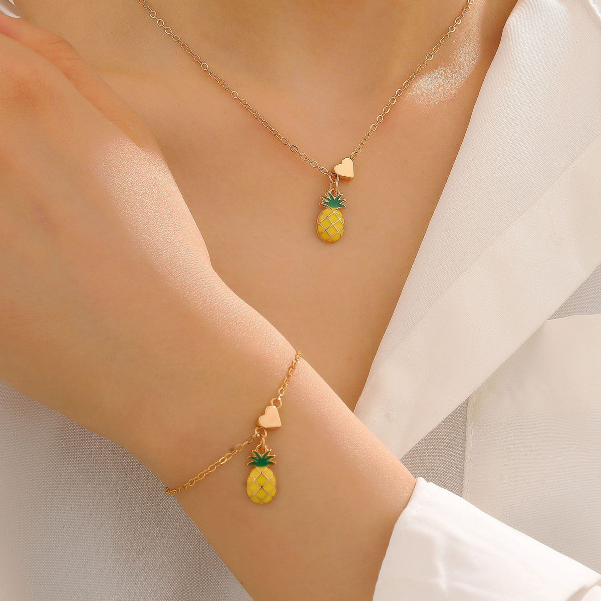 Alloy Cherry Strawberry Apple Pineapple Fruit Bracelet Necklace Jewelry Set