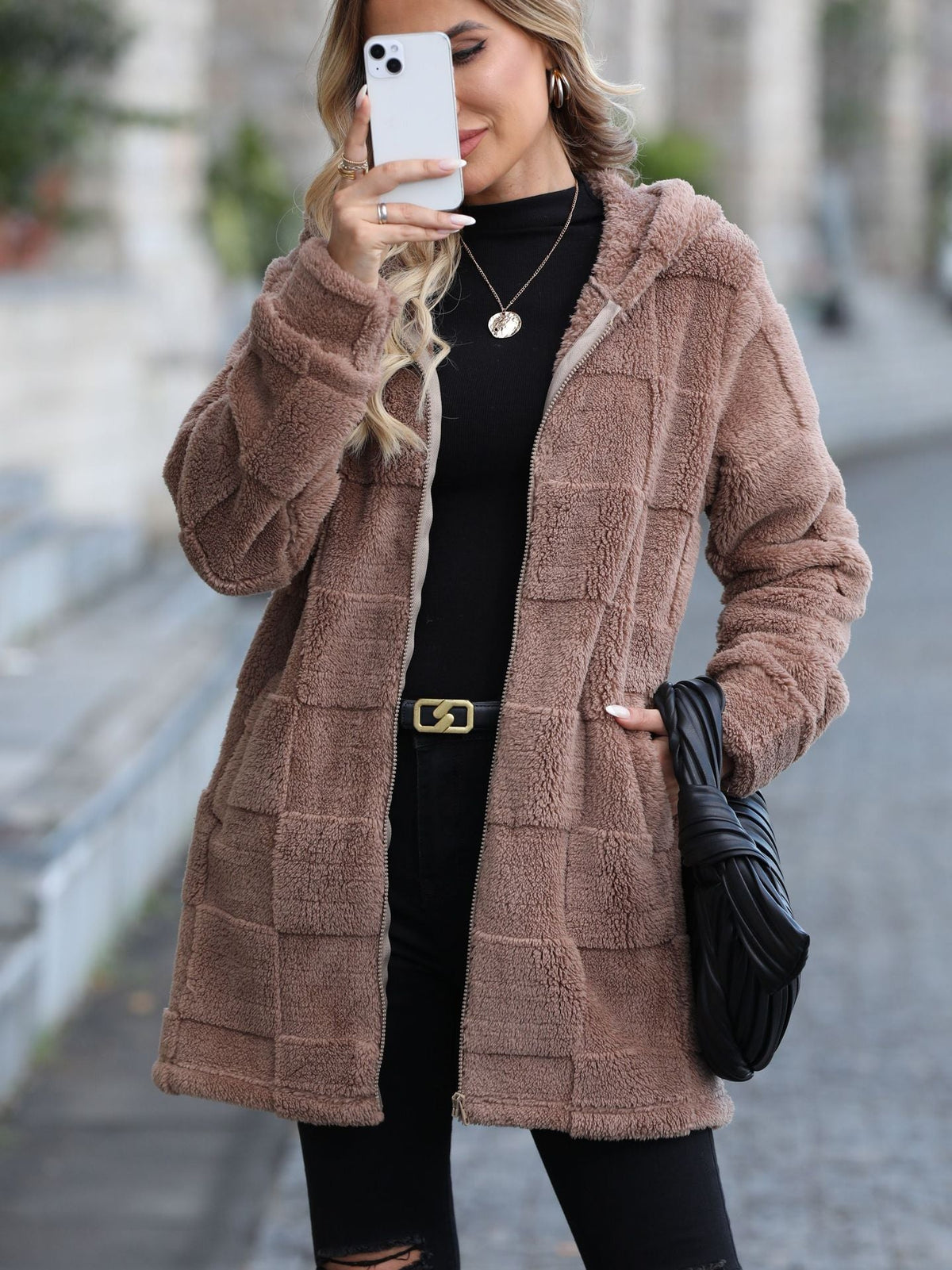 Autumn Winter Women Clothing Loose Hooded Long Cardigan Plush Coat