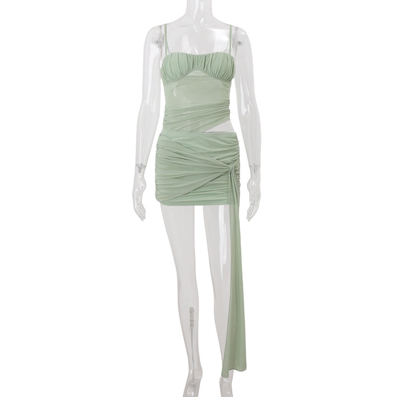 Women Clothing Summer Sexy Pleated Strap Faux Two Piece Suspender Sheath Dress