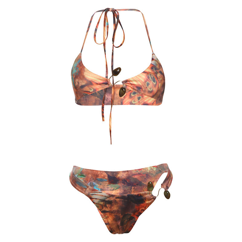 Spring Summer Women Clothing Color Contrast Sexy Cropped Halter Bikini Two Piece Sets
