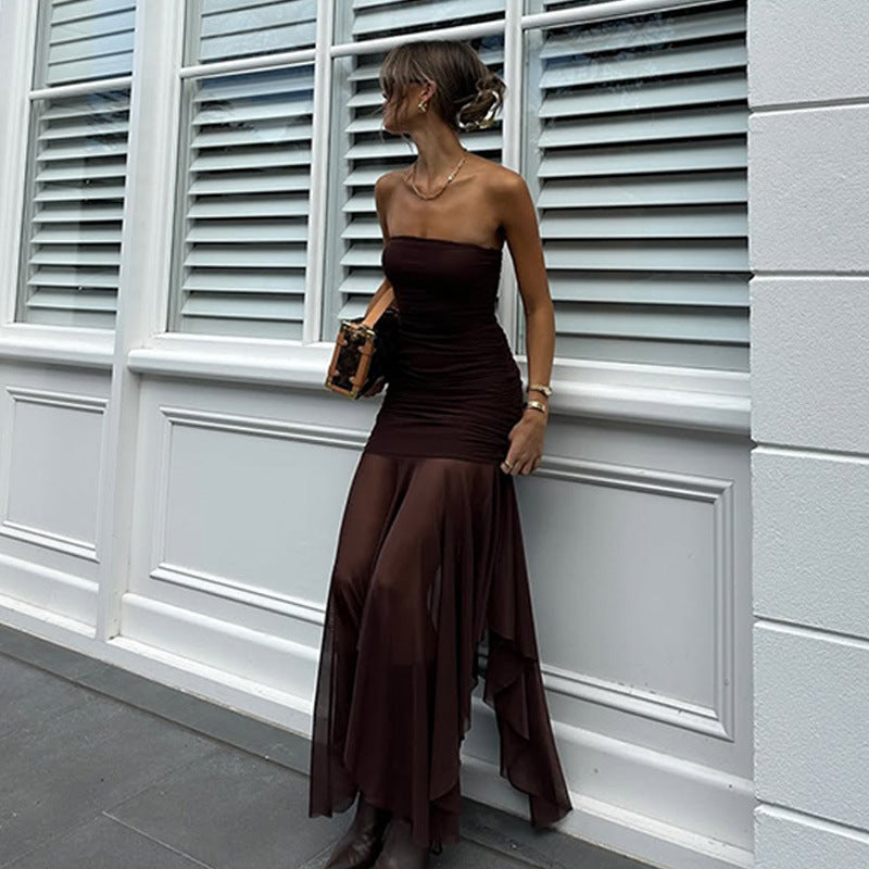 Women Clothing Spring Sexy Tube Top off Neck Mesh Stitching Dress