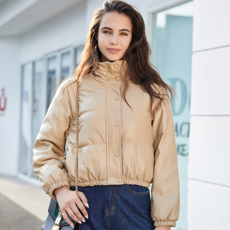 Autumn Winter Leather Coat Plus Size Women's Clothing Exposed Cropped Stand Collar Leather Cotton Jacket