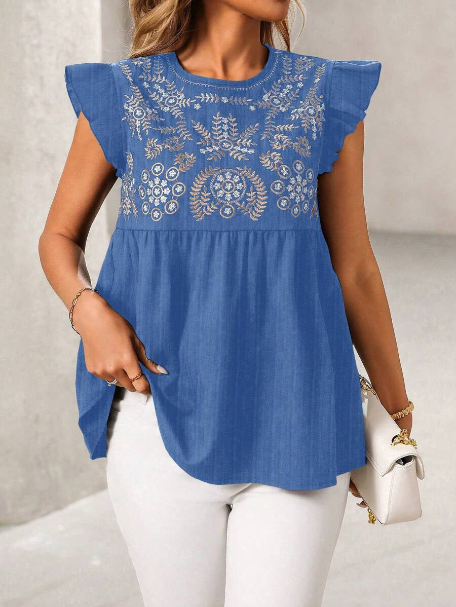 National Embroidered Shoulder Flying Sleeves Casual Short Shirt Women Top