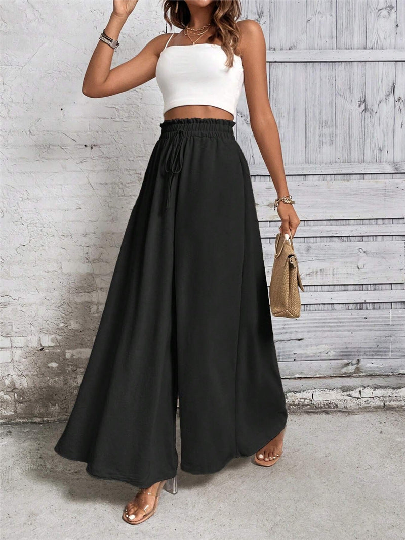 Spring Summer Loose Casual Women Clothing Elastic High Waist Lace up Wide Leg Trousers