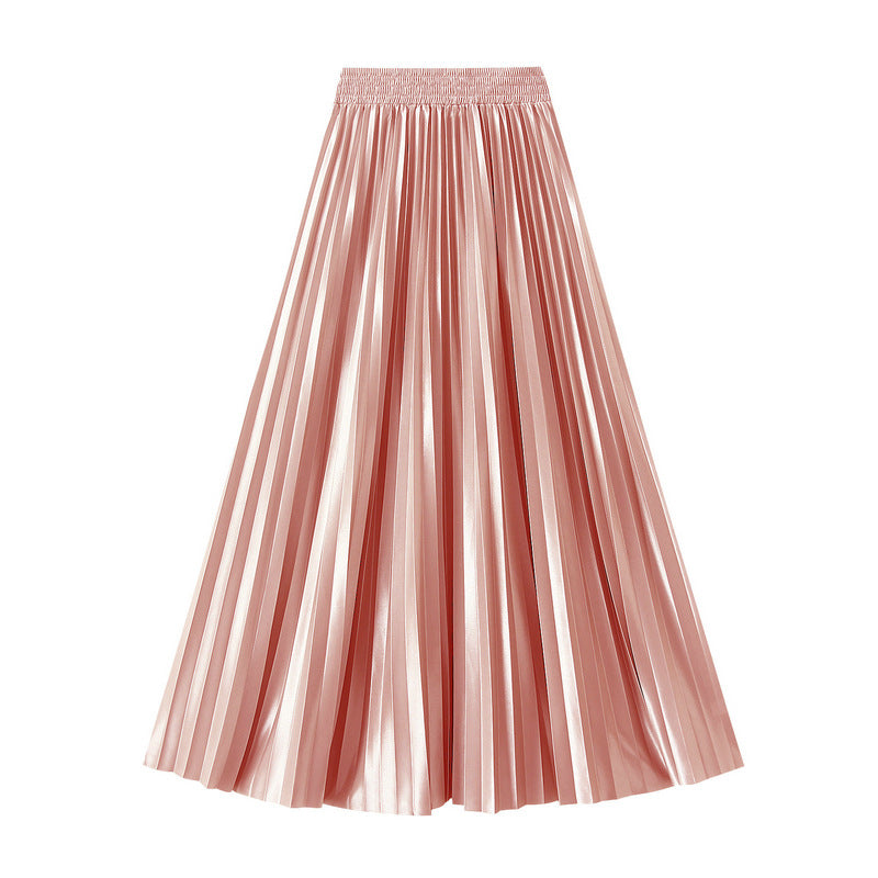 Slimming Spring Glossy Glossy High Waist Pleated A line Slimming Long Skirt Women Skirt