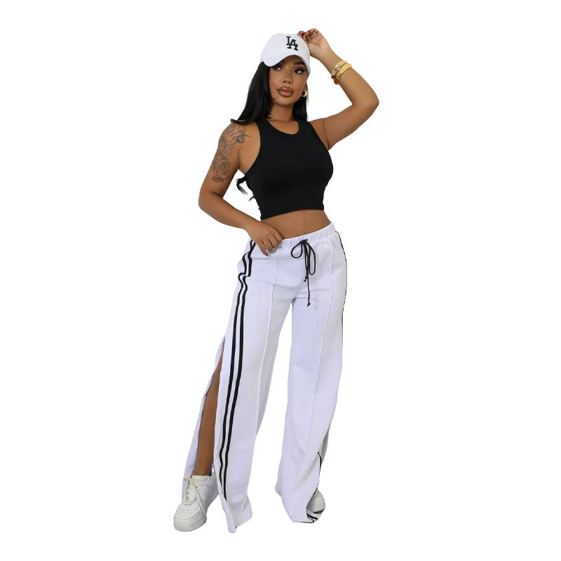 Casual Women Wear Supply Loose Striped Solid Color Sports Wide Leg Pants Trousers