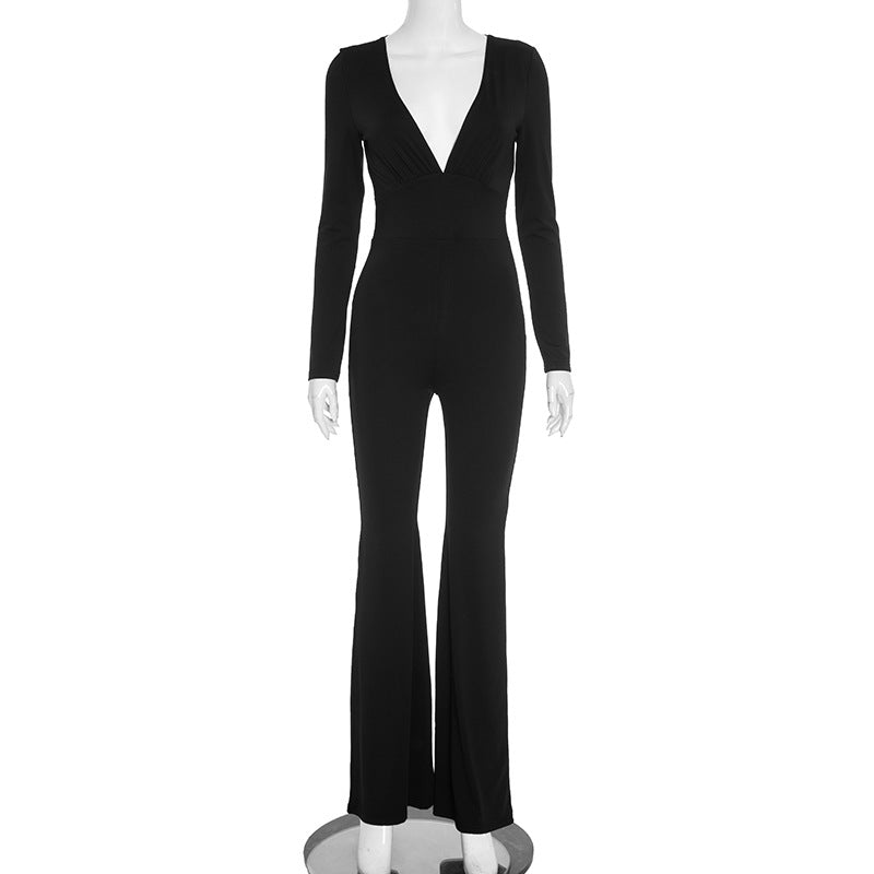Women Autumn Solid Color Elegant Slim Deep V Plunge Long Sleeve Horn Long Conjoined Trousers