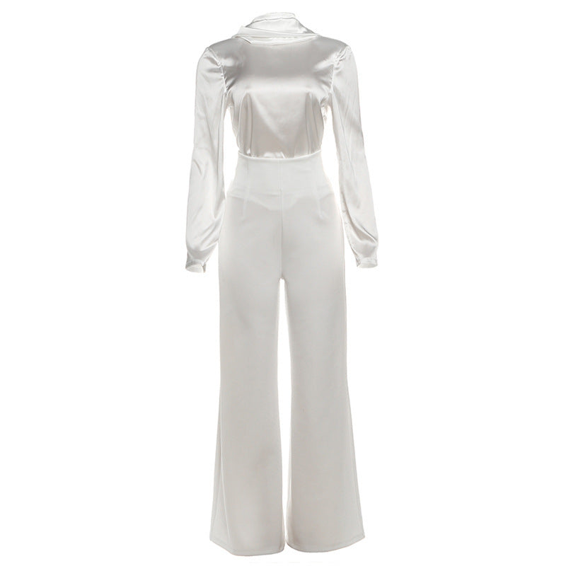 Women Clothing Autumn Winter Elegant White Stand up Collar Tie Top High Waist Wide Leg Slim Pants Two Piece Sets