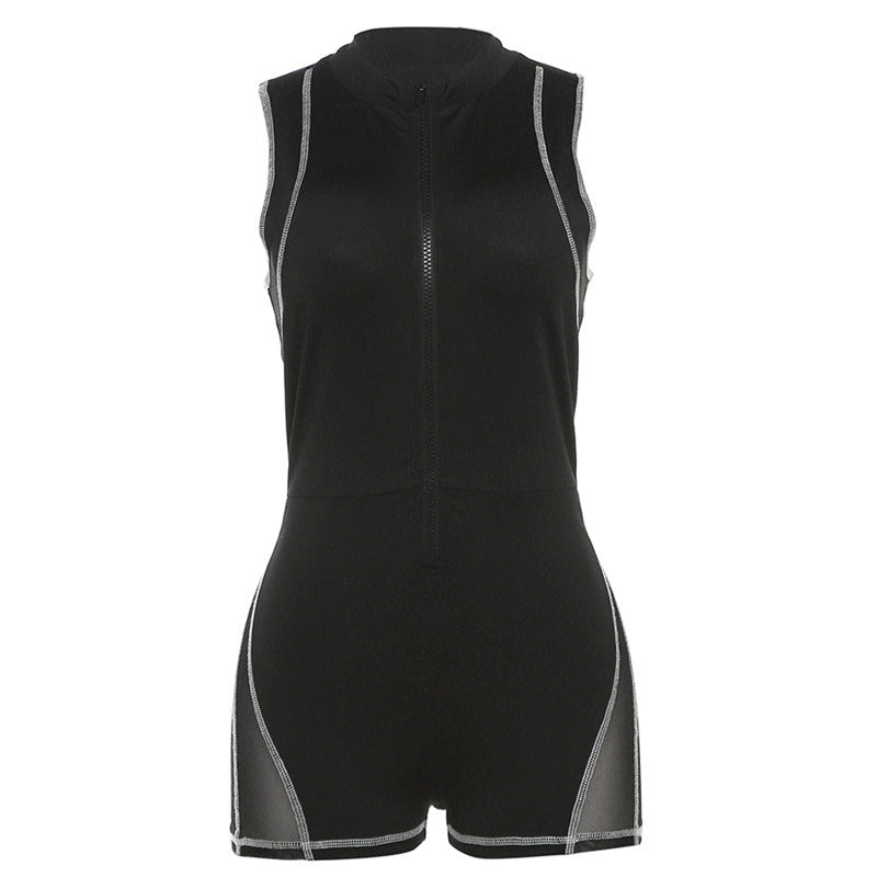 Women Clothing Autumn Winter round Neck Zipper Sleeveless Stitching See through Sexy Tight Hip Lifting Jumpsuit