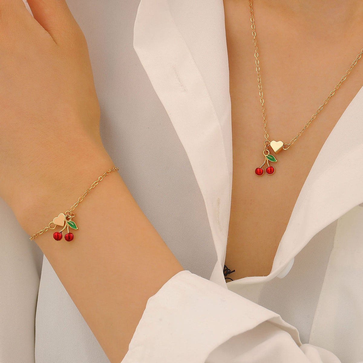 Alloy Cherry Strawberry Apple Pineapple Fruit Bracelet Necklace Jewelry Set