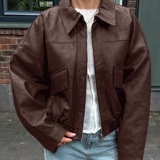 Women Clothing Spring Autumn Coat Bomber Jacket Retro Old Money Leather Jacket