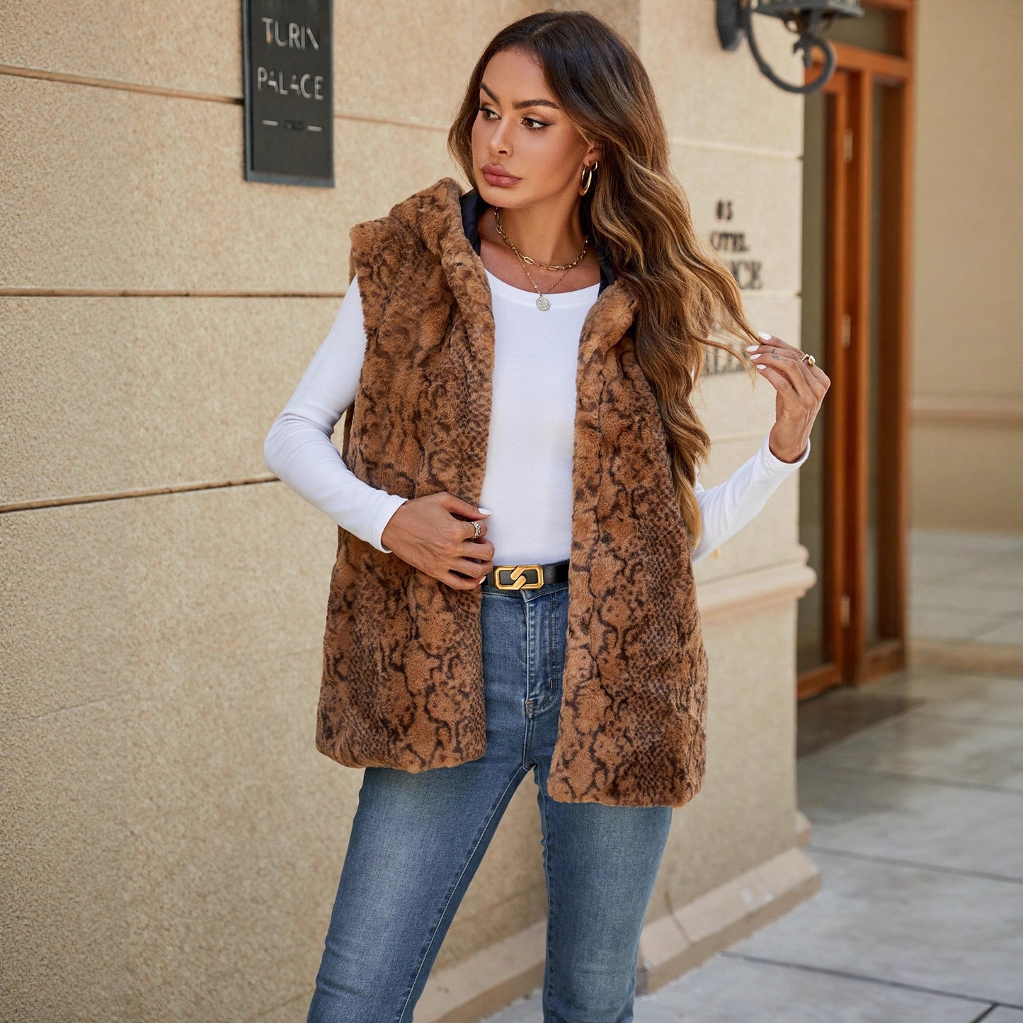 Women Clothing Faux Fur Coat Top Hooded Vest Leopard Print Artificial Fur Vest