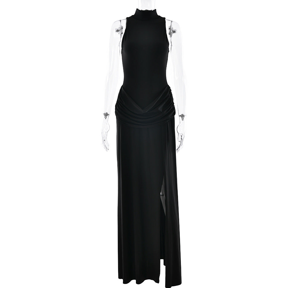 Summer Sexy High Split Tight Waist Women Dress Elegance Sleeveless Pleated Dress