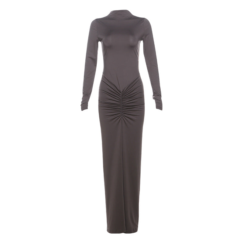 Autumn Winter Sexy Slimming Beam Waist Solid Color Maxi Dress Pleated Dress Women