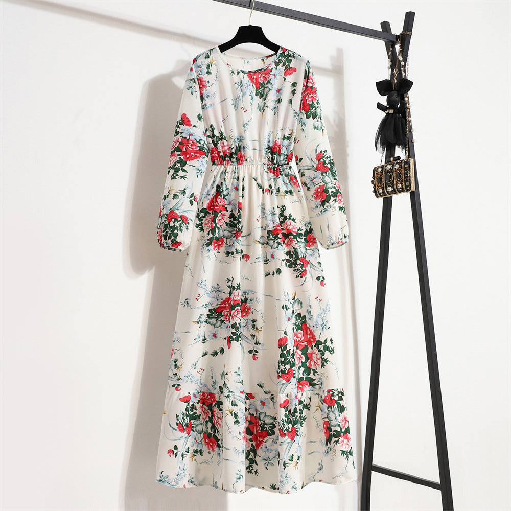 Spring and Autumn floral chiffon dress waist thin long sleeve round neck long printed skirt children