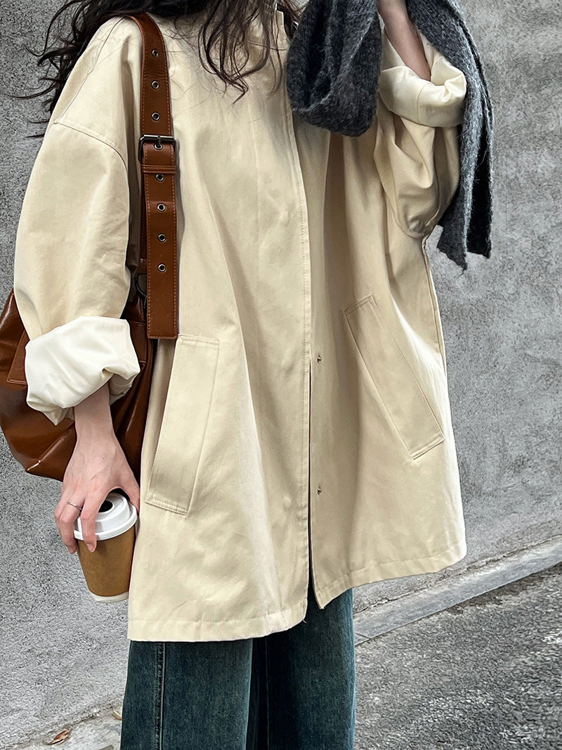 High Grade Profile Stand Collar Trench Coat for Women Idle Japanese Minimalist Oversize Coat