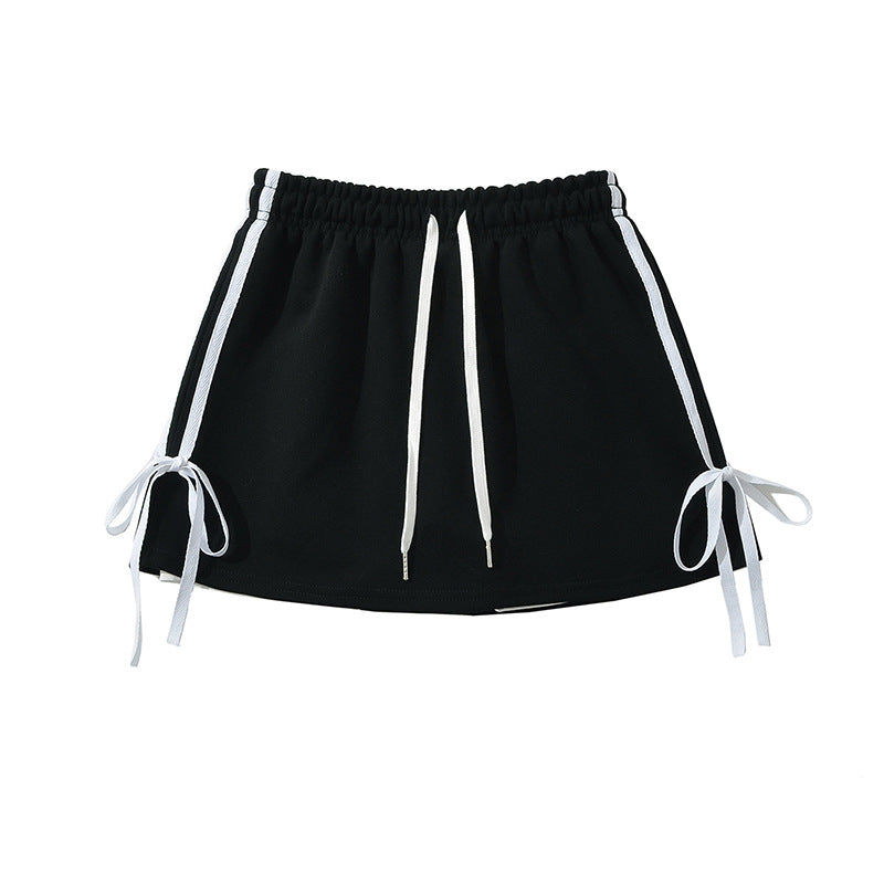 Summer Elastic High Waist Drawstring Lace Up Contrast Color Sheath Skirt Sports Casual Yoga Little Short Dress Anti Exposure