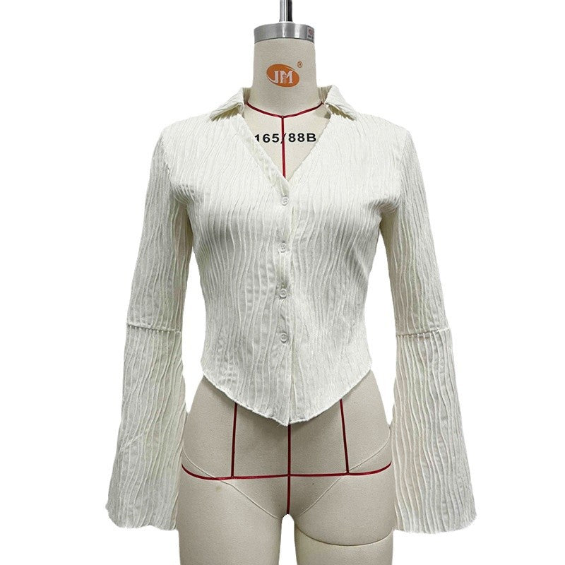 Spring Mechanism Jacquard Shirt Women Sexy Slim Collared Women Cardigan Bell Sleeve Top