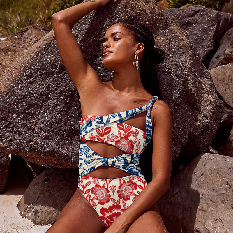 Swimsuit Women Printed Hollow Out Cutout Contrast Color Swimsuit Stitching