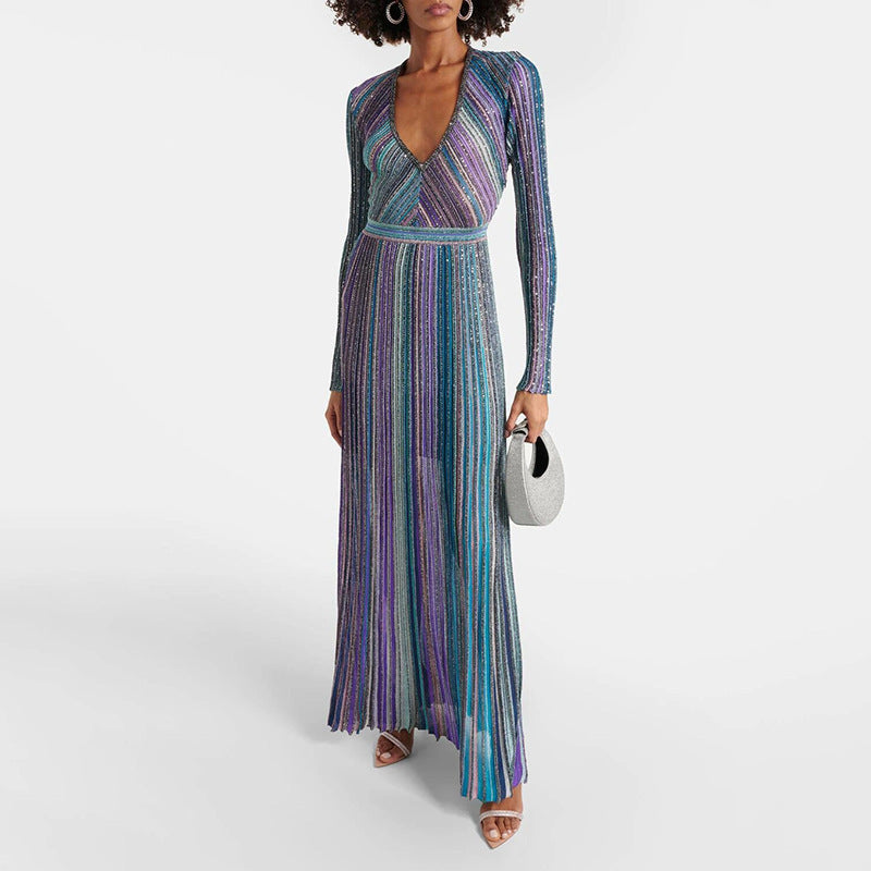 Elegant Knitted Dress Women Autumn Colorful Striped Low Collar High Waist Slimming Maxi Dress