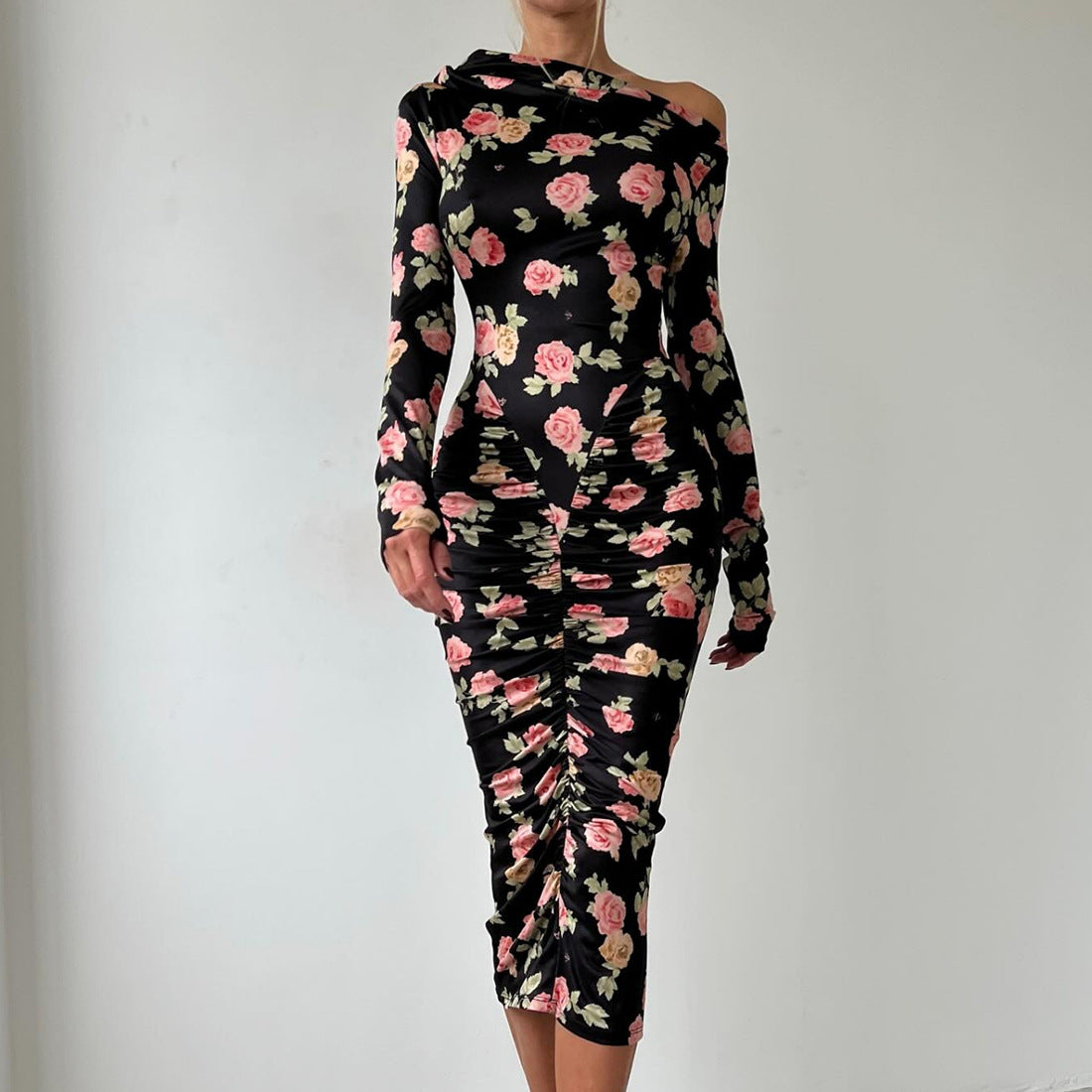 Women Clothing Autumn Winter Slim Fit Oblique Shoulder Pleated Print Long Sleeve Midi Dress