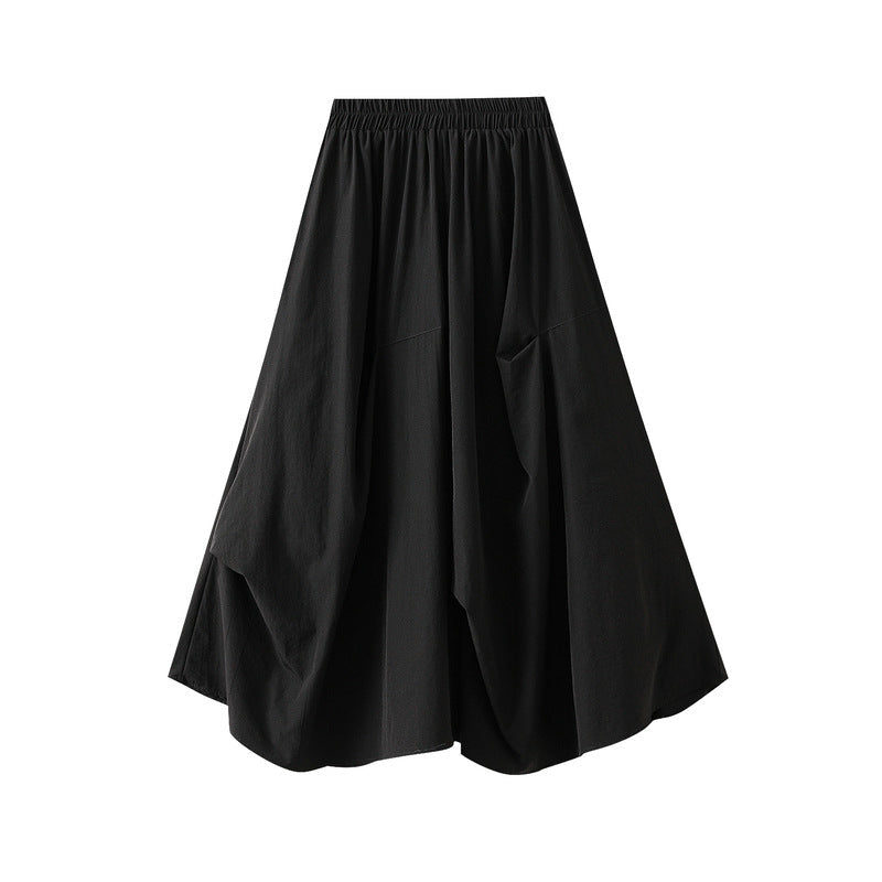 Irregular Asymmetric Pleated Mid Length Umbrella Skirt High Waist Elastic Waist Skirt Spring Summer Skirt