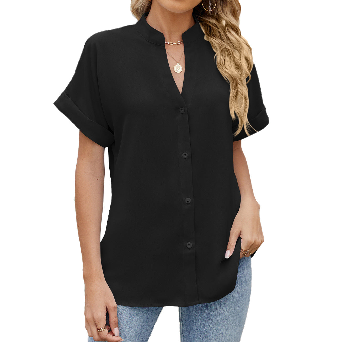Spring Summer Solid Color V neck Loose Short Sleeve Button Shirt Chiffon Shirt