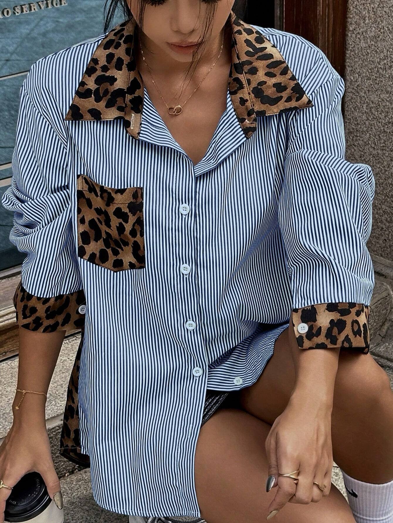 Leopard Splicing Loose Casual Long Sleeves Polo Collar Shirt