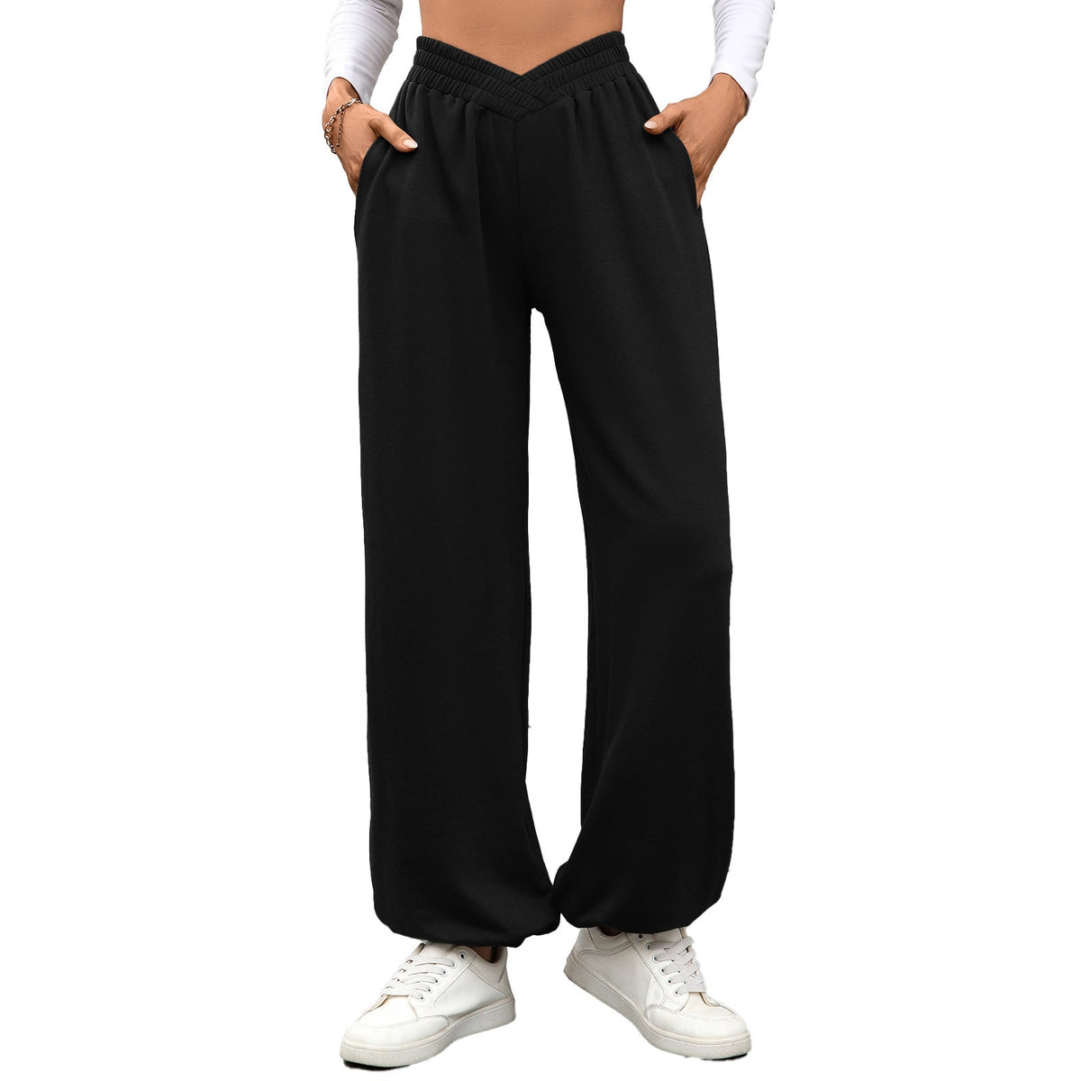 Autumn Winter Elastic Waist with Pocket Ankle Tied Loose Casual Women Pants