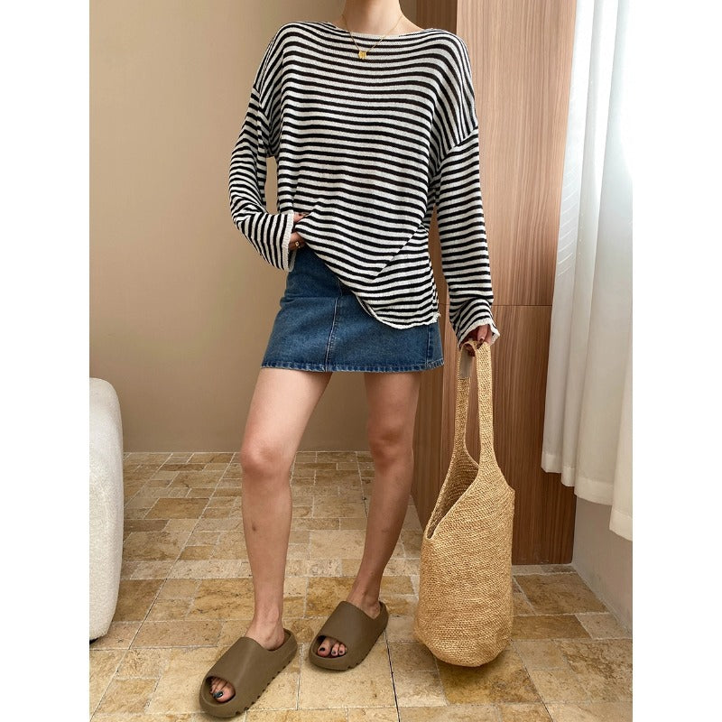 Light Oxygen Breathing Feeling Tencel Linen Lazy Curling with round Neck Loose Sun Protection Knitted Blouse