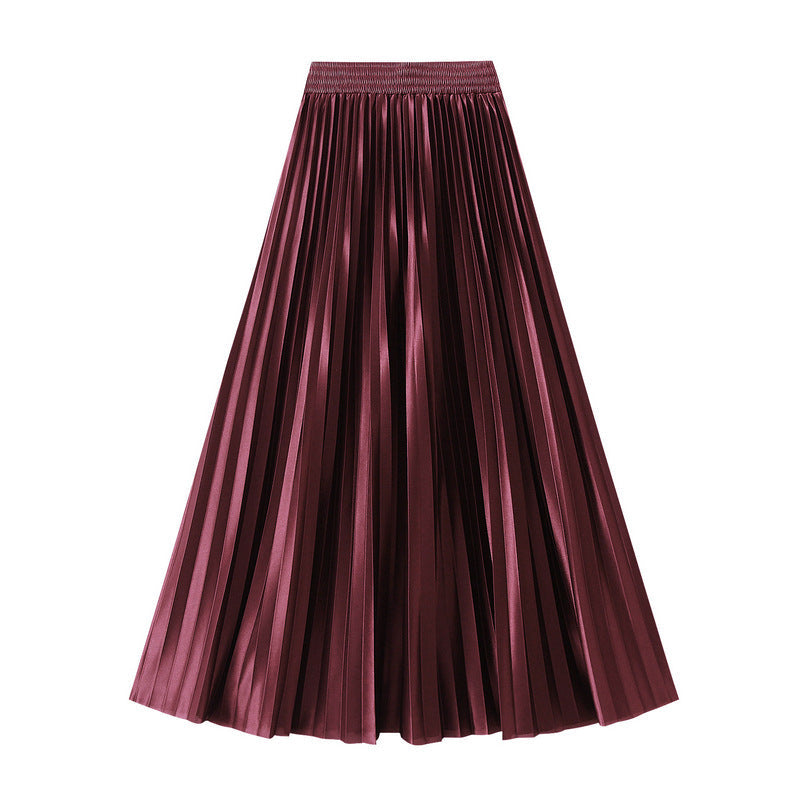 Slimming Spring Glossy Glossy High Waist Pleated A line Slimming Long Skirt Women Skirt