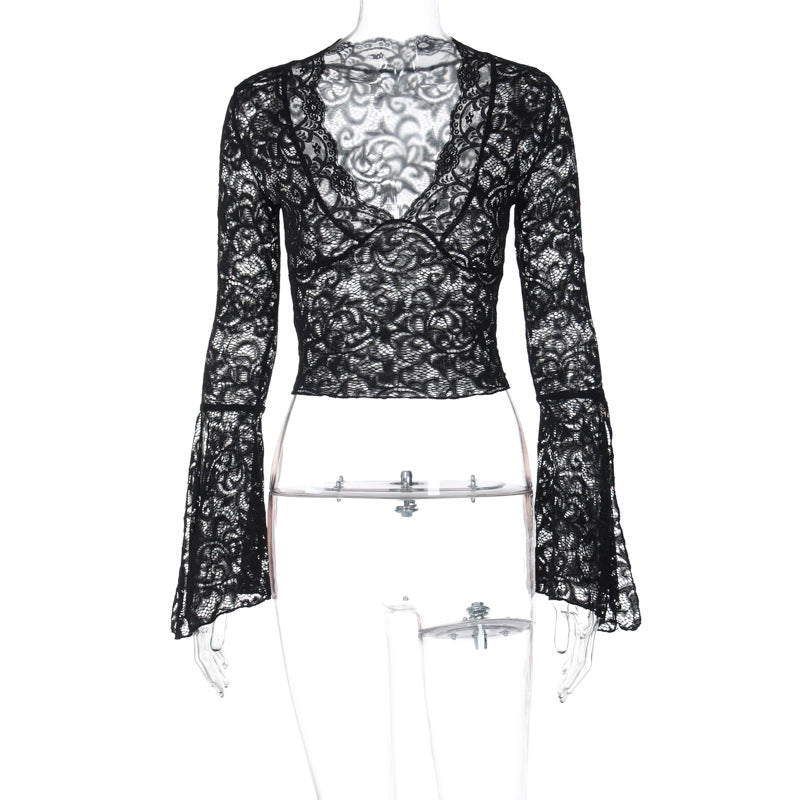 Sexy Deep V Plunge Slim Fit All Matching Short Cropped Lace Long Sleeved Sexy Lace Top