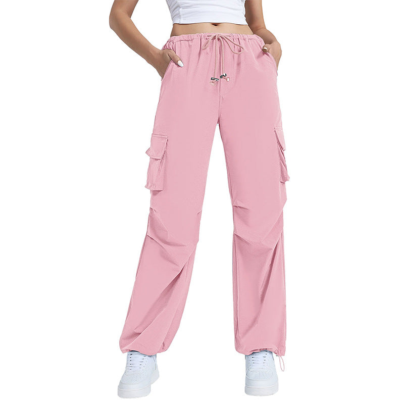 Retro Straight Wide Leg Pants Women Autumn Solid Color Multi Pocket Loose Baggy Trousers Casual Working Pants