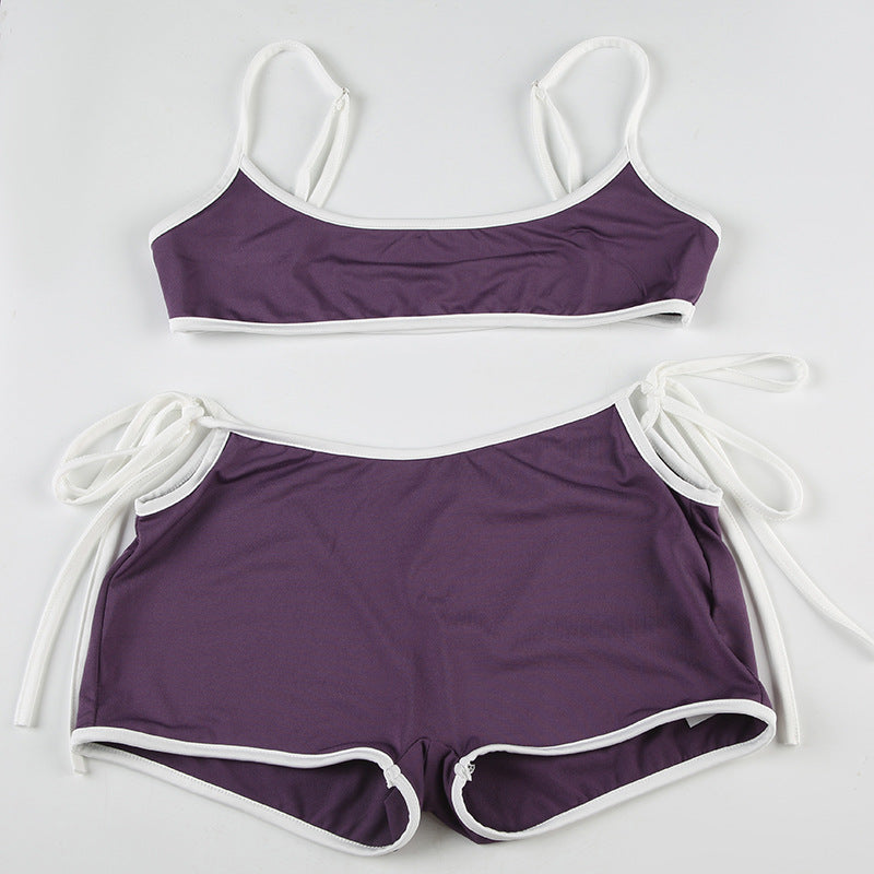 Split Suspender Shorts Suit Edge Contrast Color Sexy Waist Hollow Out Cutout out Sexy Casual Sports Two Piece Sets