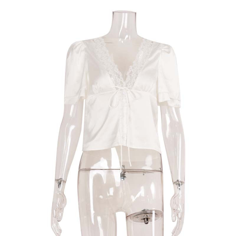 Tied Lace Stitching T shirt Slim Fit Slimming Summer Pure Sexy Short Sexy Short Sleeve Top