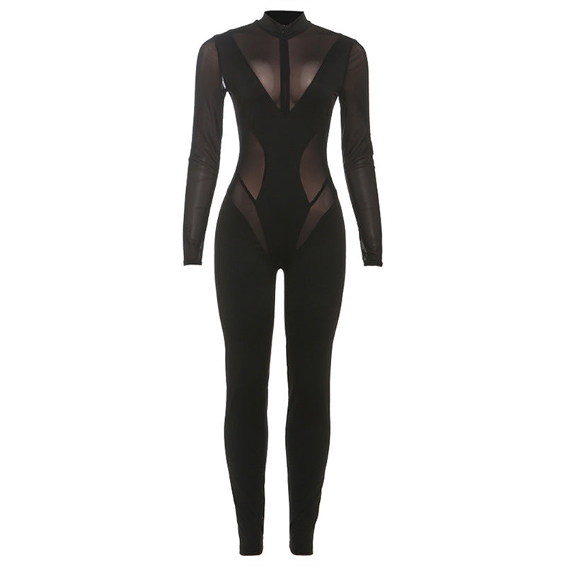 Autumn Winter Women Clothing Sexy Mesh Stitching Sheer Cutout High Necked Long Sleeve Slim Fit Bodysuit
