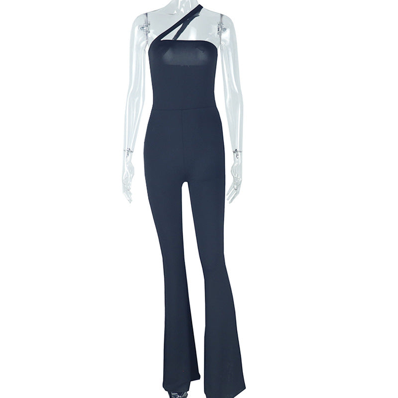 Women Clothing Micro Elastic Backless Sexy Solid Color Long Conjoined Trousers Sleeveless Oblique Shoulder Strap Thin Jumpsuit
