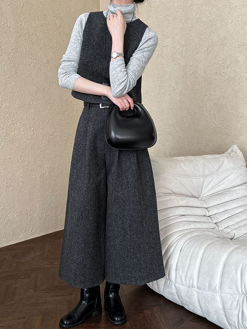 Two Way Vest Wide Leg Pants Women Autumn Winter Woolen Two Piece Sets