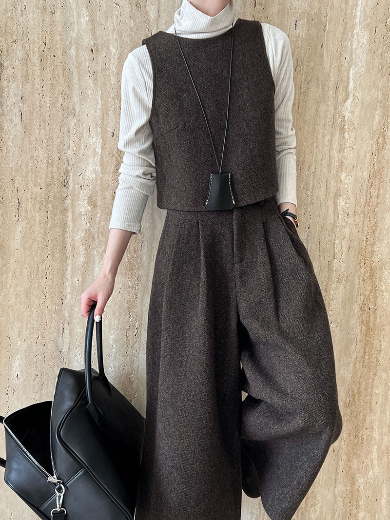 Two Way Vest Wide Leg Pants Women Autumn Winter Woolen Two Piece Sets
