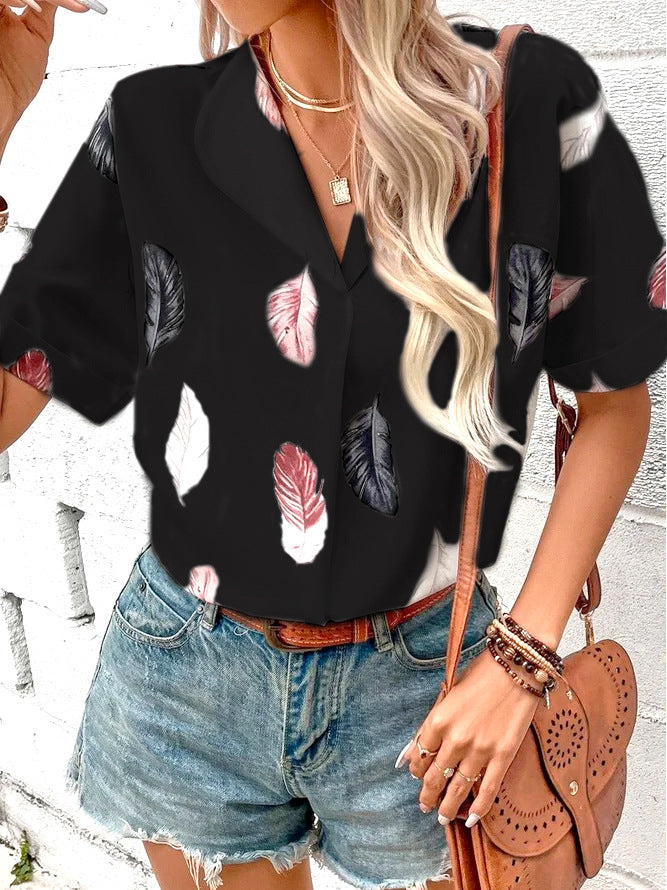 Summer Women Clothing Collared Feather Printed Short Sleeved Top Shirt