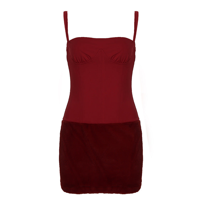 Spring Summer Arrival Christmas Year Sexy Spaghetti Straps Corset Plush Sheath Dress Short Women
