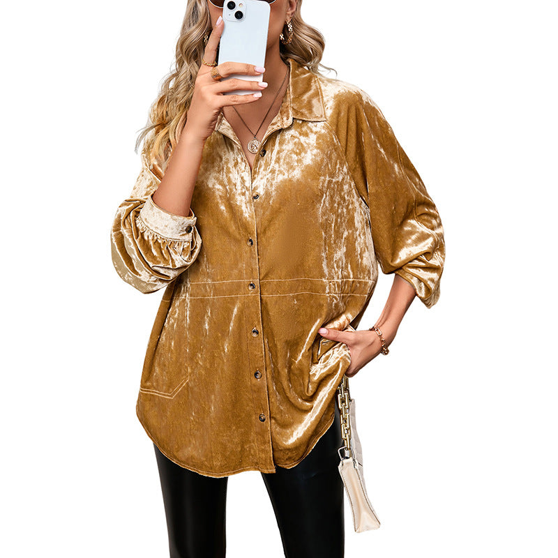 Fall Solid Color Buttons Long-Sleeved Shirt for Women Loose Slim Fit Velvet Shirt for Women