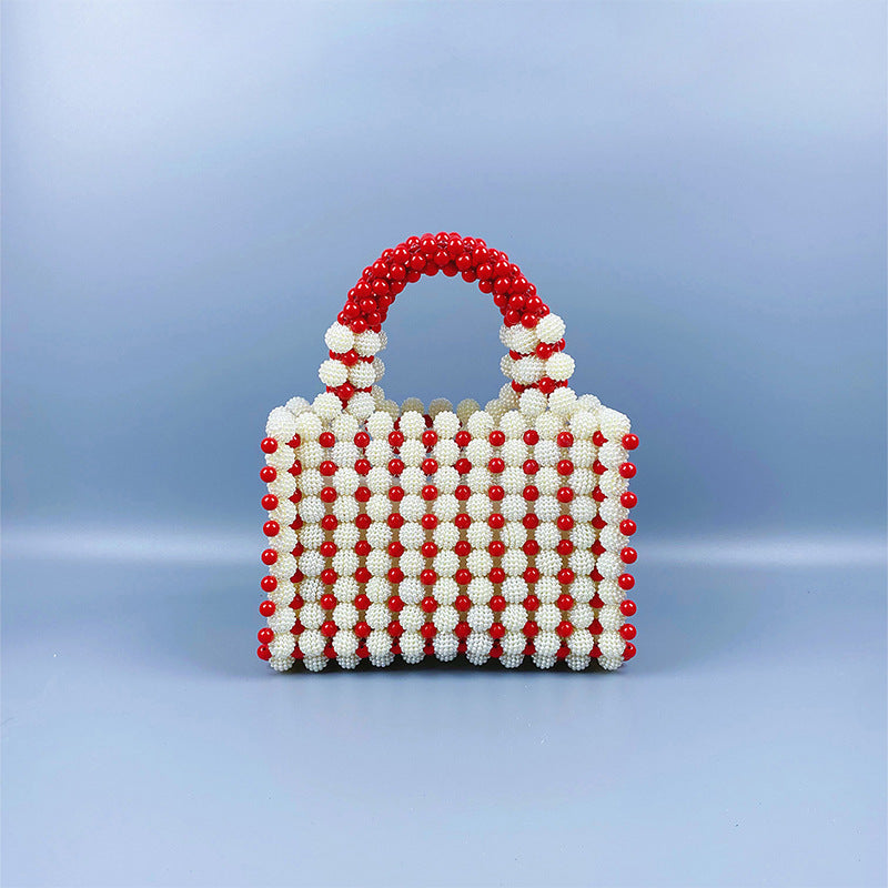 Niche Advanced Design Contrast Color Waxberry Pearl Grace Handbag Retro Casual Dinner Small Square Bag
