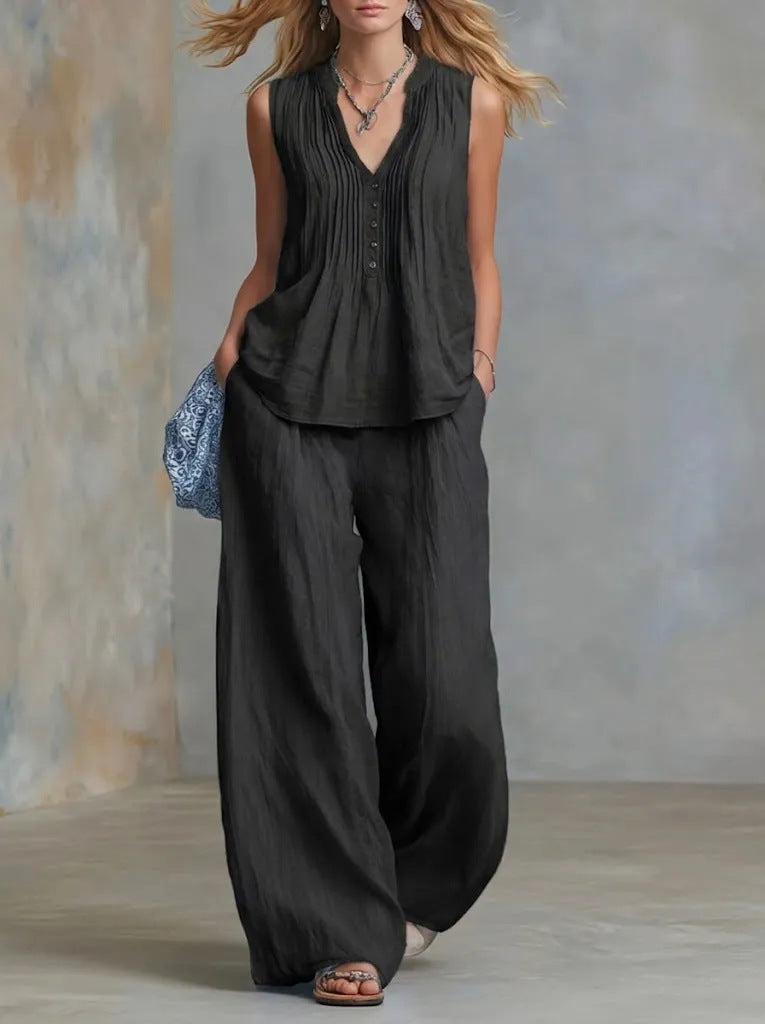 Women Clothing Summer Casual Stylish Solid Color Sleeveless V neck Set