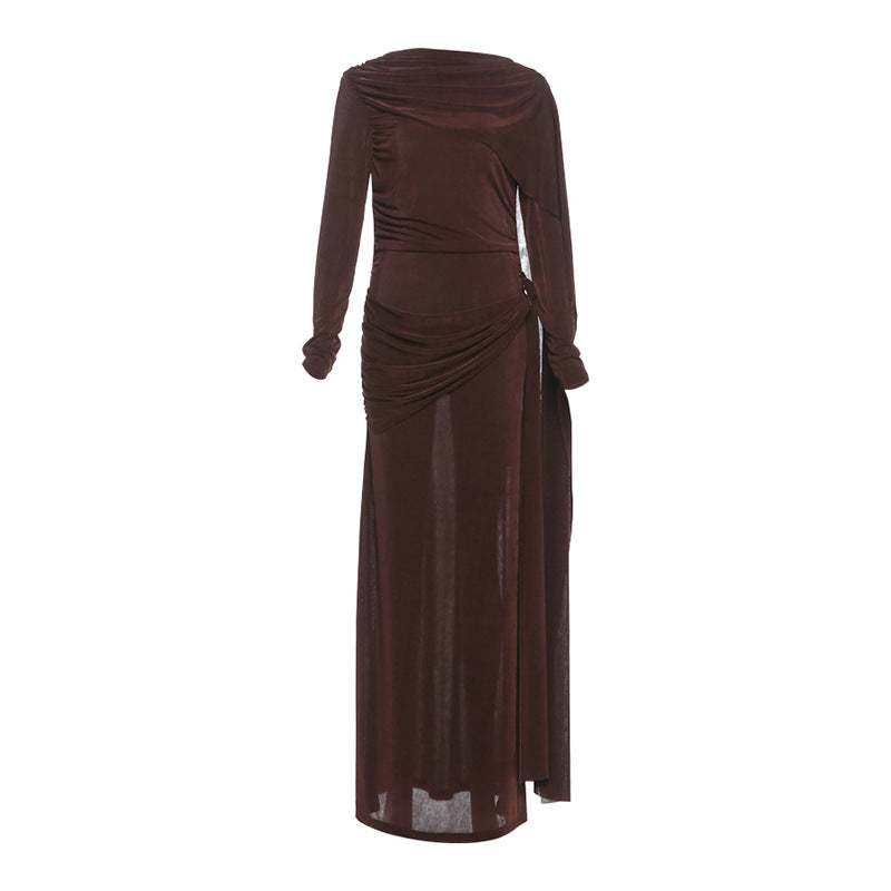 Autumn Winter Slim Fitted Waist Pleated Ribbon Solid Color Maxi Dress