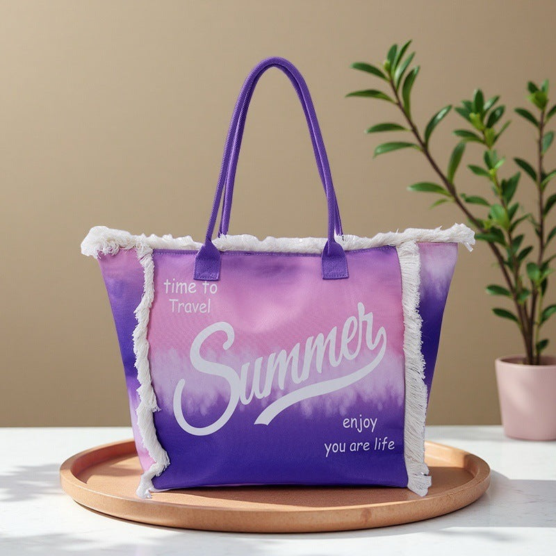 Fringe Tote Bag – Large Shoulder Printed Canvas Purse, Gradient Letter Hobo, Minimalist Commuter Bag