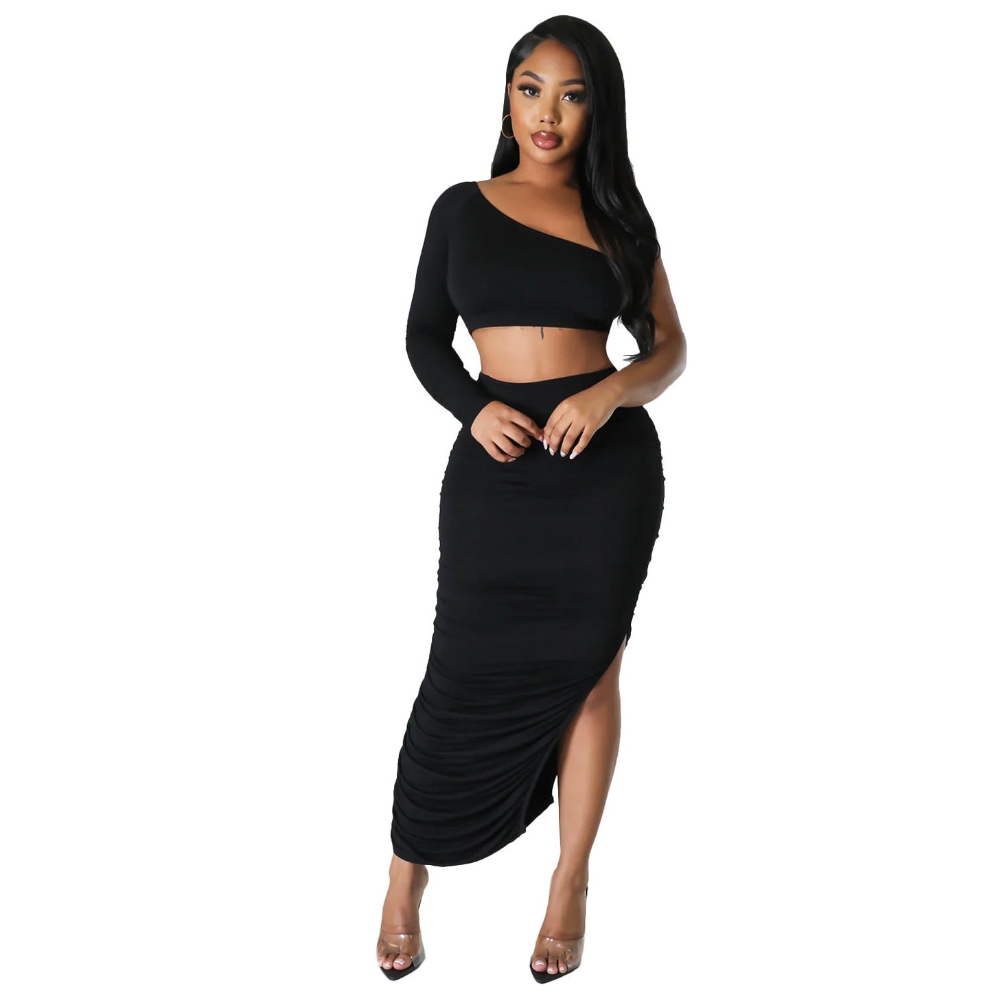 Summer One Shoulder Sleeve Women Clothing Sexy Tight Pleated Stitching Irregular Asymmetric Two Piece Set