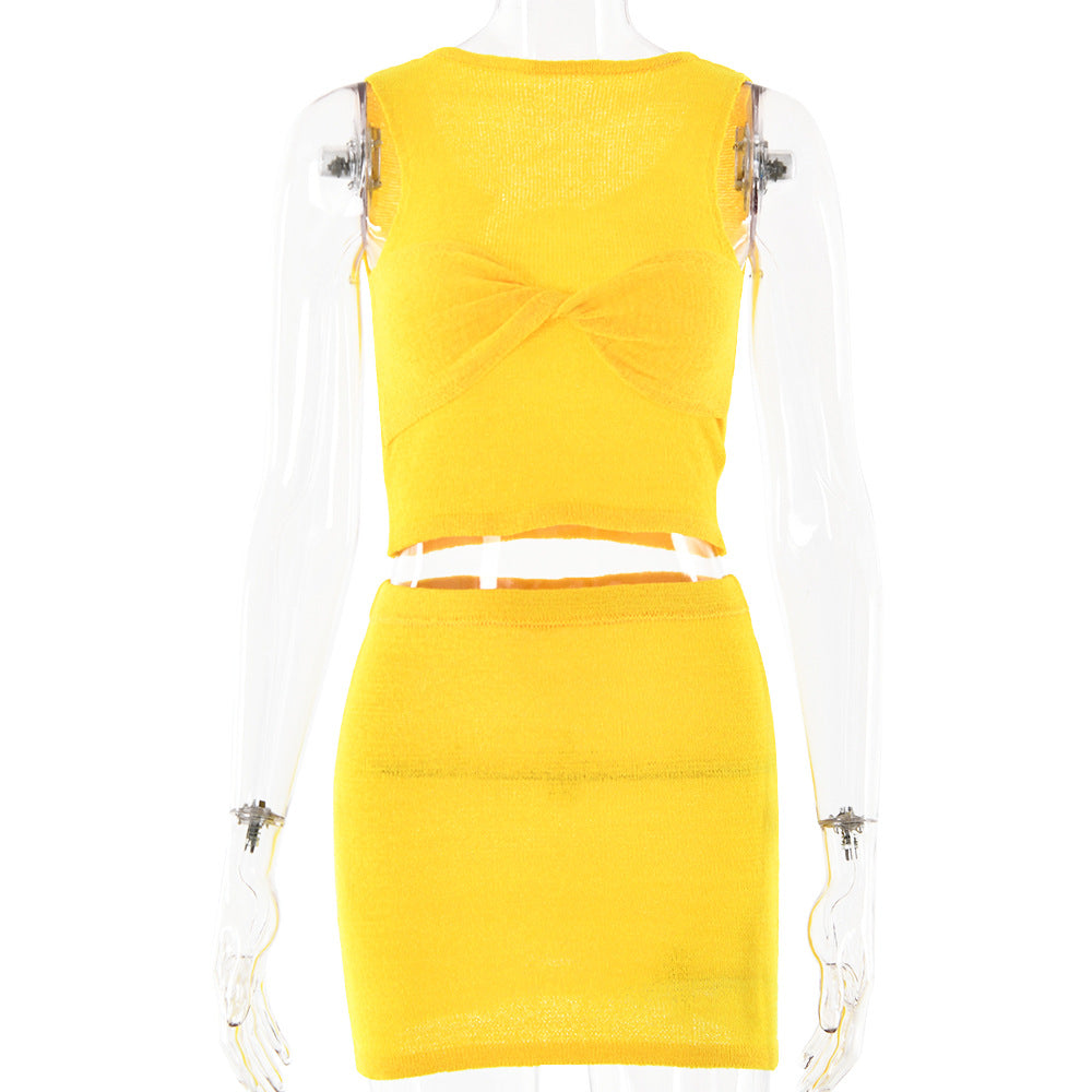Group Suit Women Knitted Twisted Sleeveless Top Skirt Two Piece Set Sexy Sexy Spring Summer