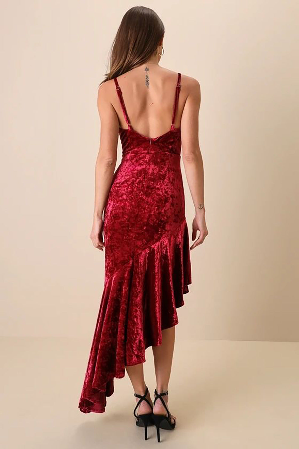 Pleuche Spaghetti Strap Dress Sexy Patchwork Ruffled Sheath Fishtail Dress
